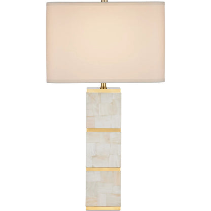 Casey Mother of Pearl Table Lamp by Currey and Company in natural, brass. Made from mother of pearl, stainless steel, composite in a modern style.