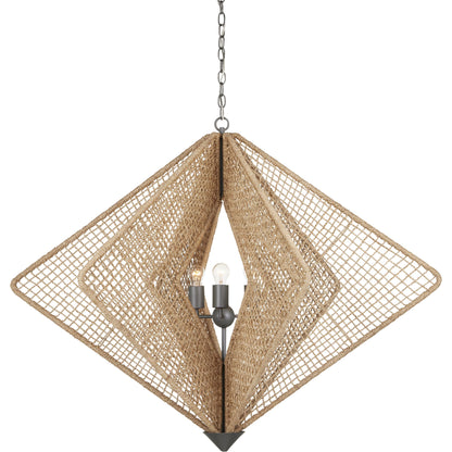Shizen Chandelier by Currey and Company in natural rope, hiroshi gray. Made from abaca rope, wrought iron in a coastal style.