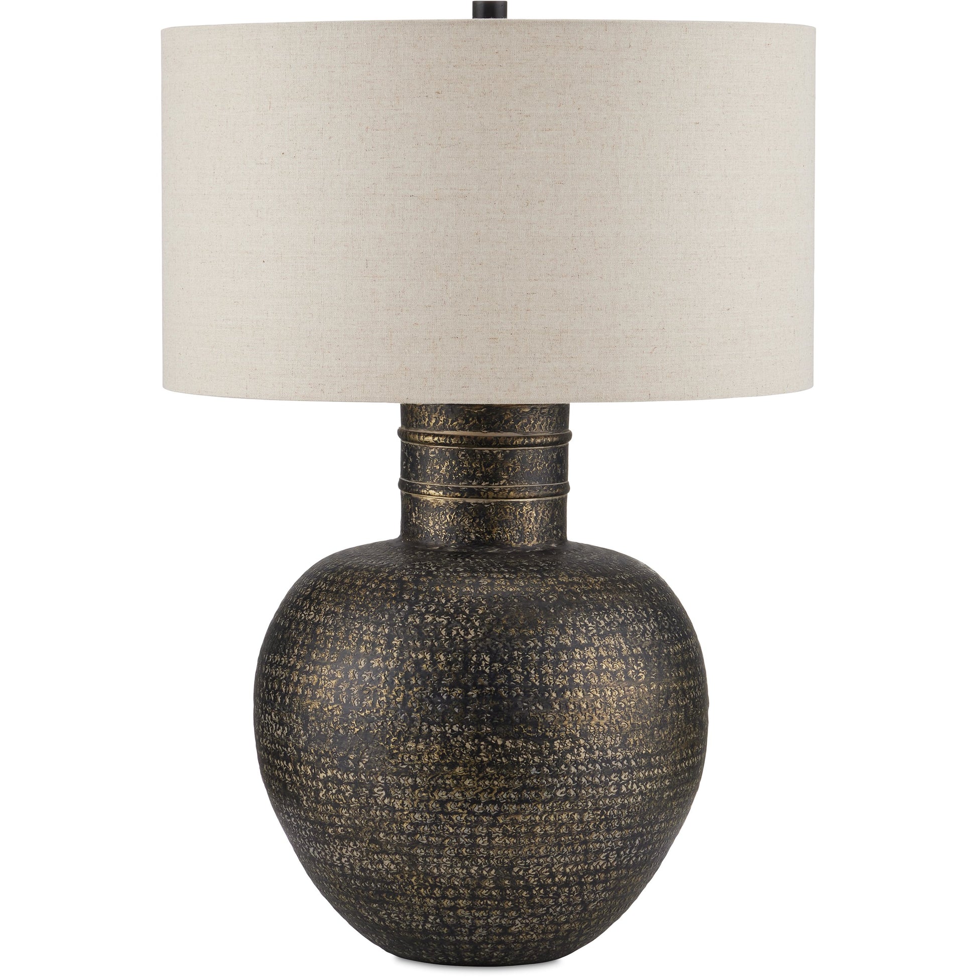 Braille Table Lamp by Currey and Company in antique brass. Made from aluminum in a modern style.