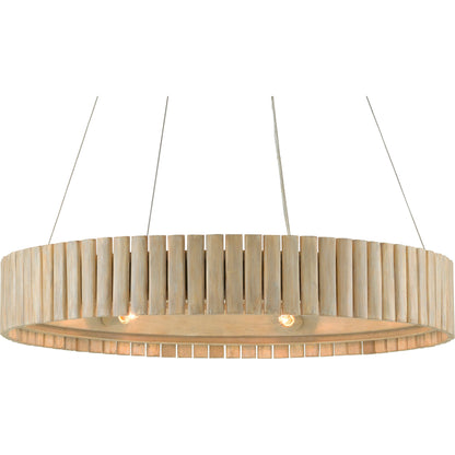 Tetterby Chandelier by Currey and Company in light taupe, smokewood. Made from wrought iron, bamboo in a coastal style.