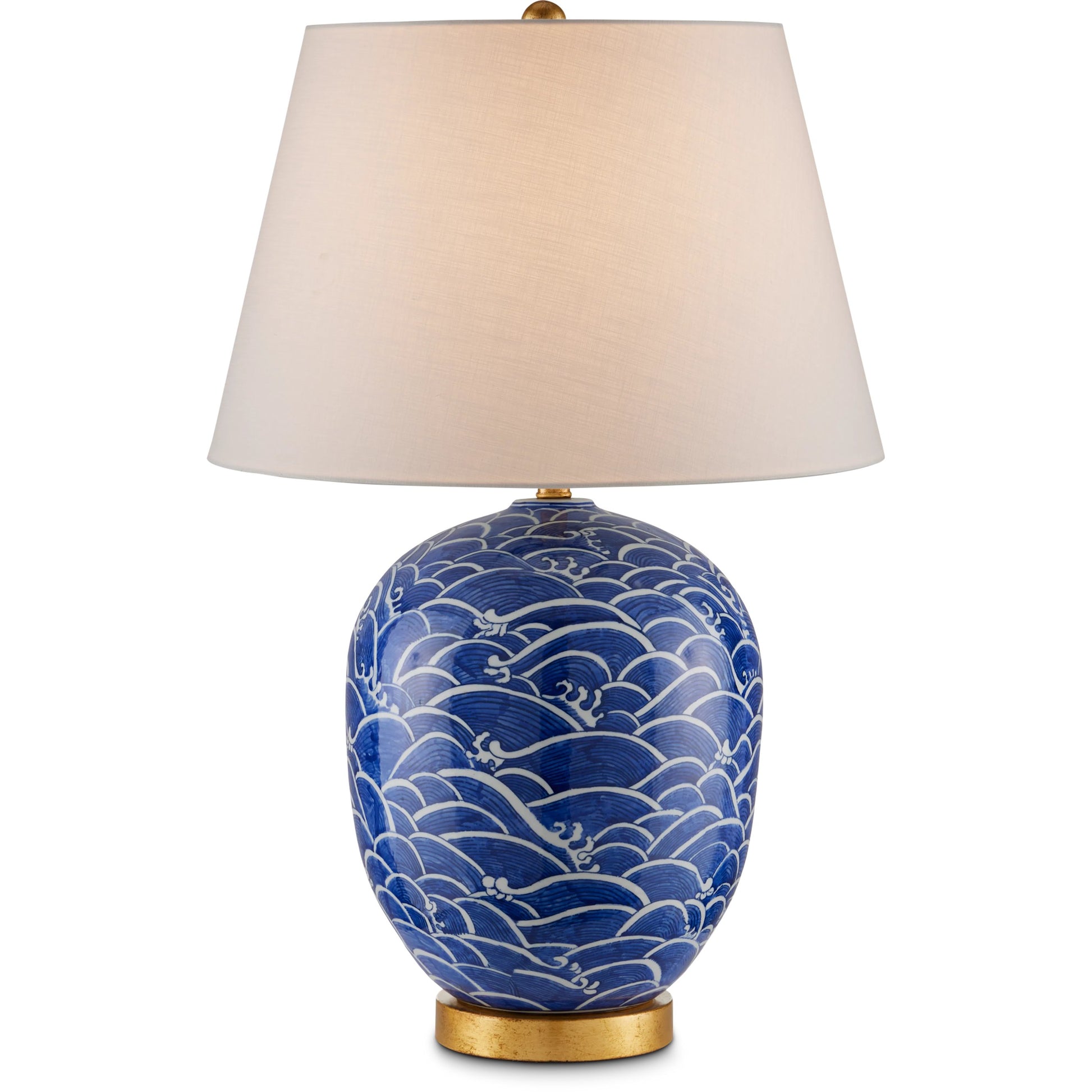 Nami Table Lamp by Currey and Company in blue, white, gold leaf. Made from porcelain, metal in a coastal style.