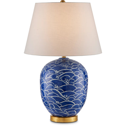 Nami Table Lamp by Currey and Company in blue, white, gold leaf. Made from porcelain, metal in a coastal style.