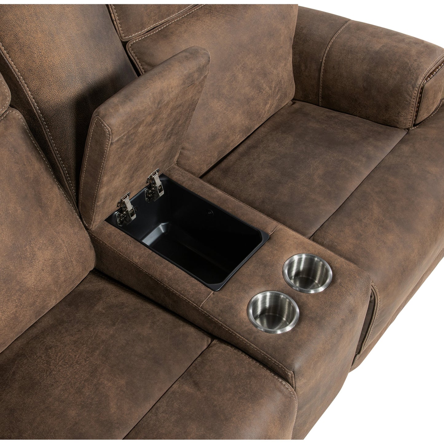 006 SI-2029073 | Lifestyle | Wheeler Power Console Loveseat by Hooker Furniture in seville timber. Made from leather, seville timber (aniline). seville timber features natural hallmarks of the trail such as fat wrinkles healed scars, scratches, mite marks.