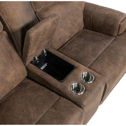 Wheeler Power Console Loveseat by Hooker Furniture in seville timber. Made from leather, seville timber (aniline). seville timber features natural hallmarks of the trail such as fat wrinkles healed scars, scratches, mite marks.