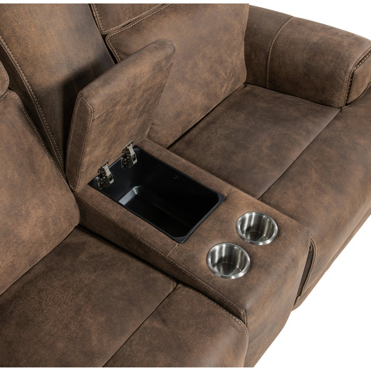 Wheeler Power Console Loveseat by Hooker Furniture in seville timber. Made from leather, seville timber (aniline). seville timber features natural hallmarks of the trail such as fat wrinkles healed scars, scratches, mite marks.