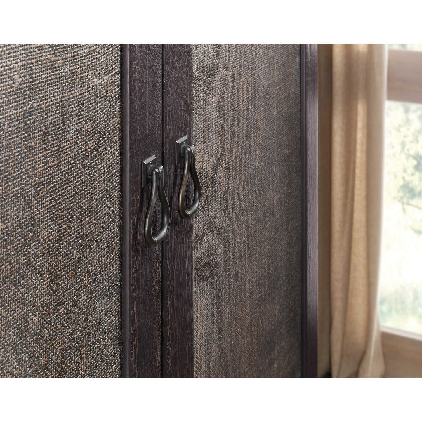 001 SI-1959528 | Closeup | Big Sky Small Wardrobe by Hooker Furniture in charred timber. Made from pecky hickory veneers, burlap in a traditional style.
