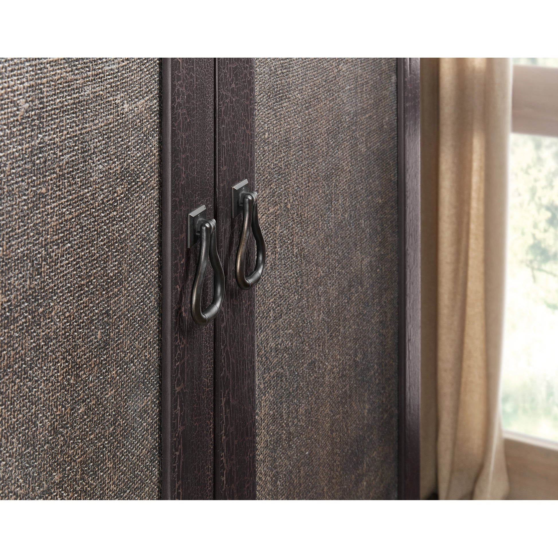 Big Sky Small Wardrobe by Hooker Furniture in charred timber. Made from pecky hickory veneers, burlap in a traditional style.