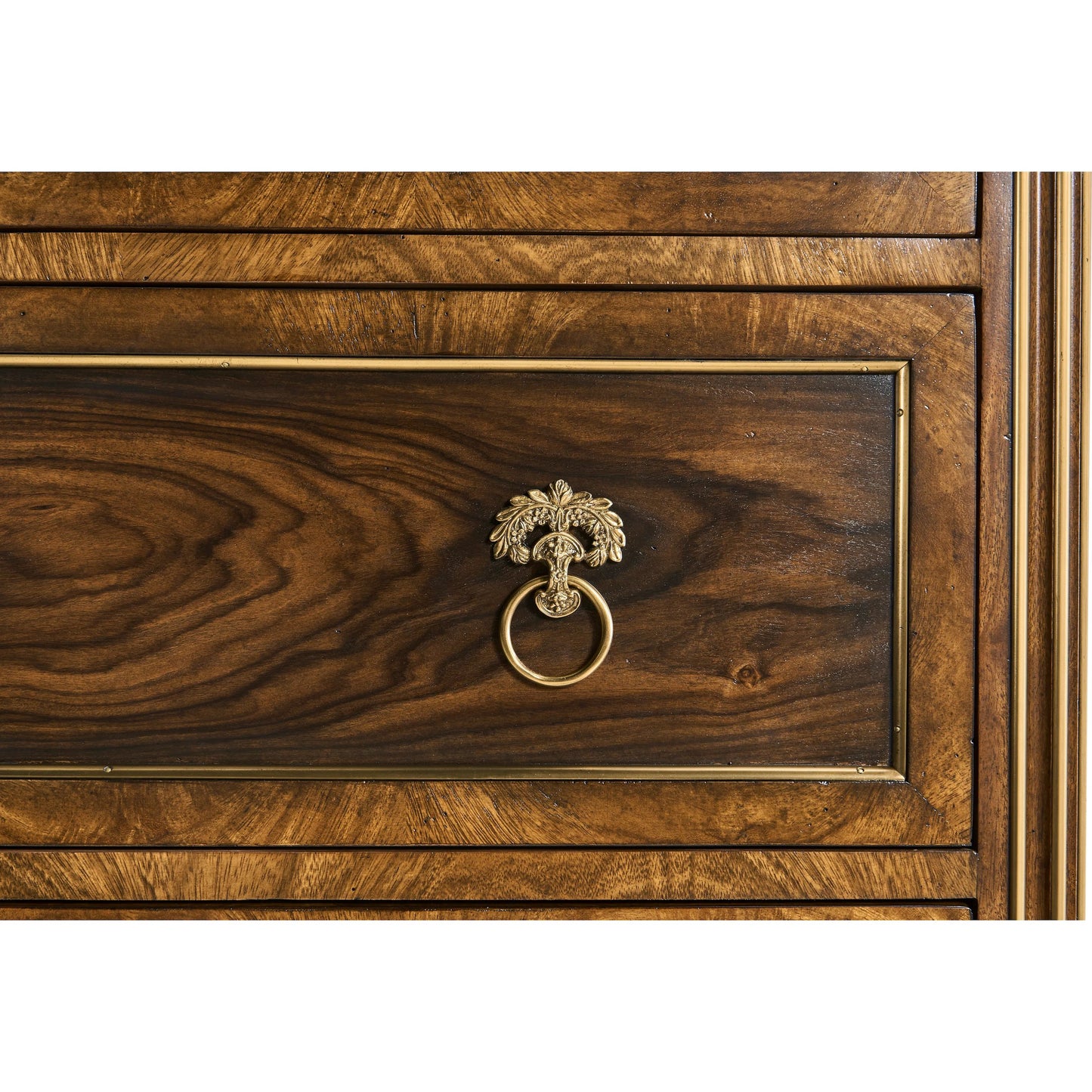 004 SI-2334507 | Closeup | Viceroy Chest of Drawers by Jonathan Charles in brown and santos brown, antique brass. Made from mahogany, cerejeira veneers, santos rosewood crown veneers, brass in a traditional style.