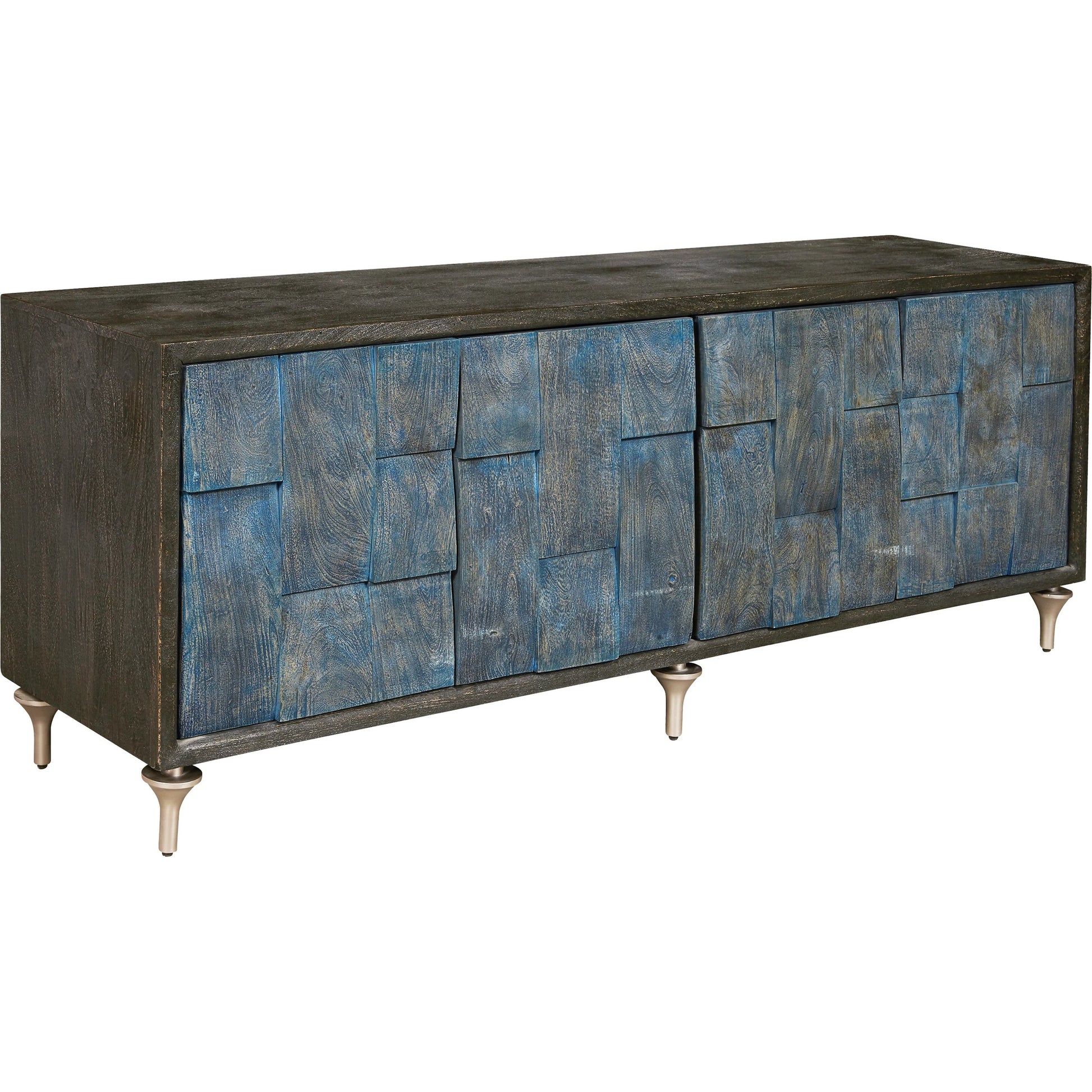 4-Door Entertainment Console by Pulaski Furniture in black, ocean blue. Made from mango veneers in a unique style.