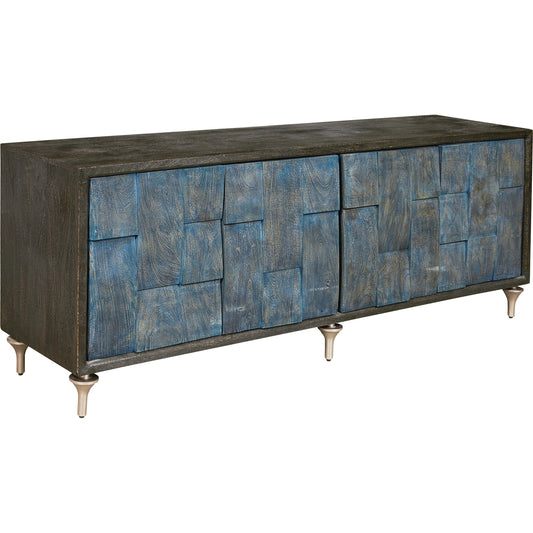 4-Door Entertainment Console by Pulaski Furniture in black, ocean blue. Made from mango veneers in a unique style.