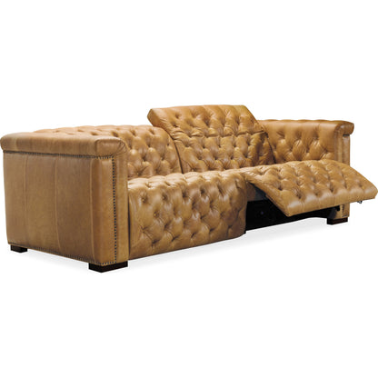 Savion Power Reclining Sofa by Hooker Furniture in brown. Made from leather in a modern style.