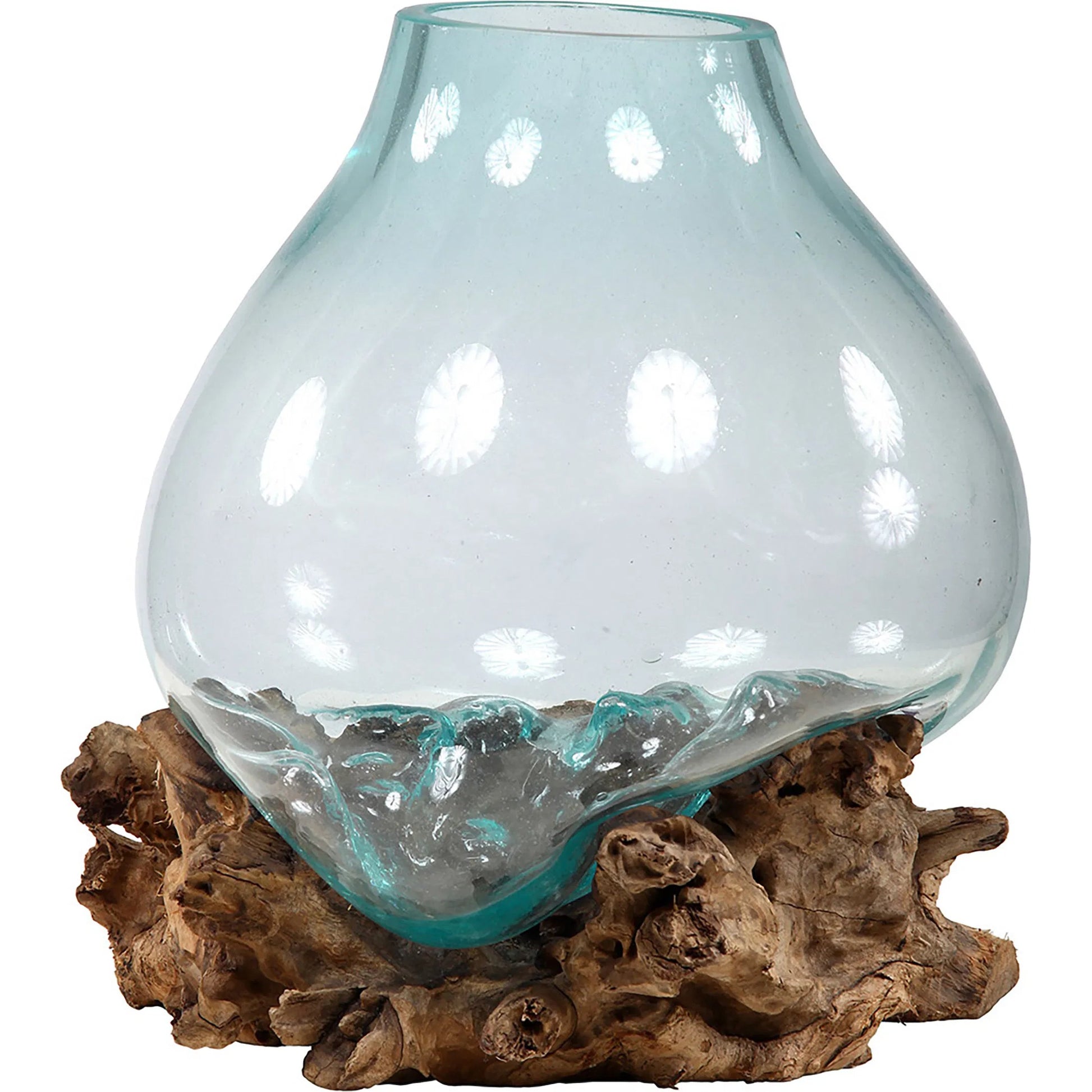 Boaz Glass Bowl by Arch & Plane in natural wood, transparent aqua glass. Made from glass on teak wood base in a modern style.