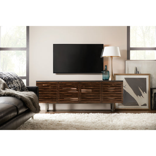Solstice Entertainment Console by Hooker Furniture in medium brown. Made from elm, poplar veneers with metal in a modern style.