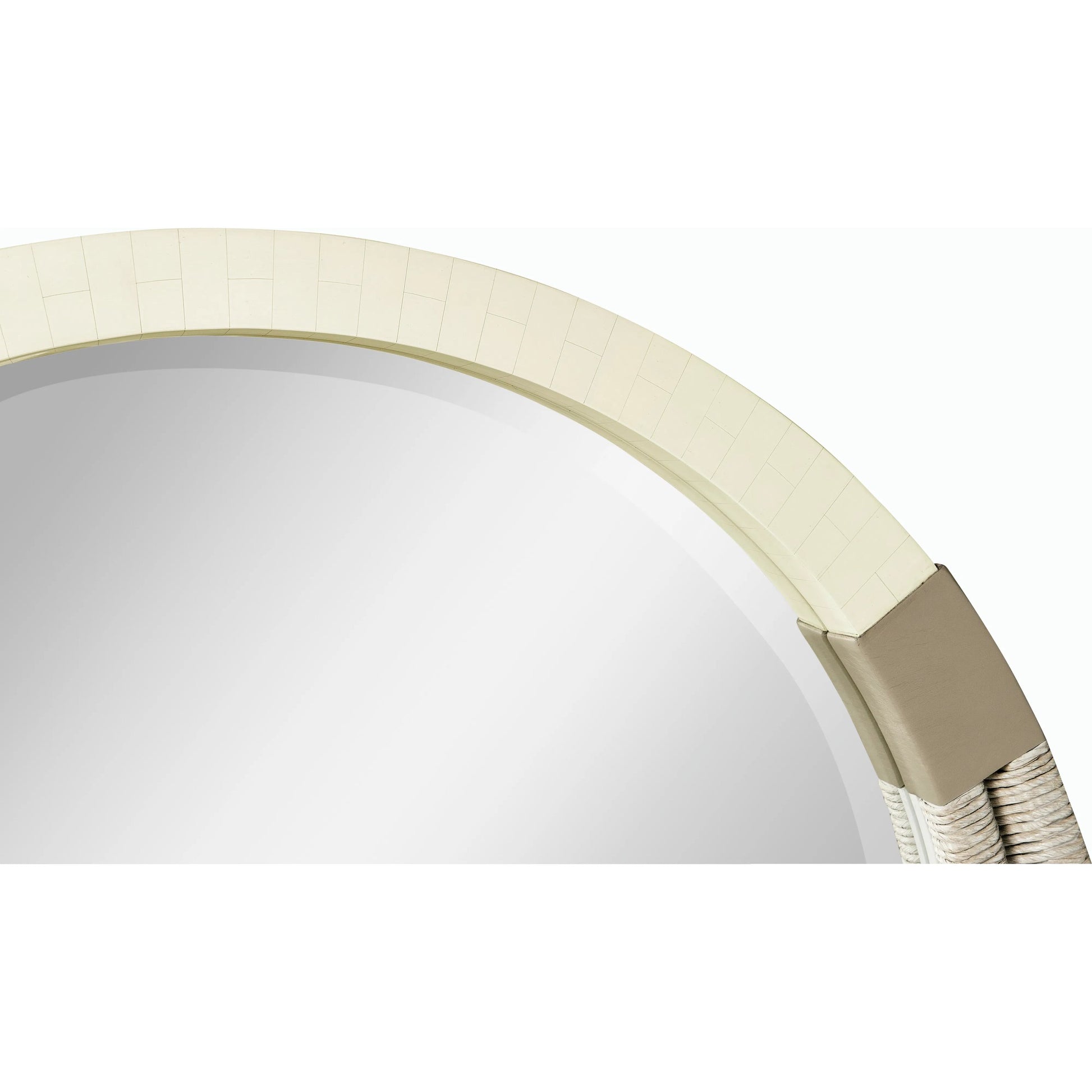 Water Gyre Round Multimedia Mirror by Jonathan Charles in grasscloth, danish cord, faux bone. Made from danish cord, leather in a modern style.