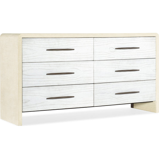 Cascade Dresser by Hooker Furniture in pebble beach, chalk. Made from cast resin drawer fronts, burlap in a cottage & farmhouse style.