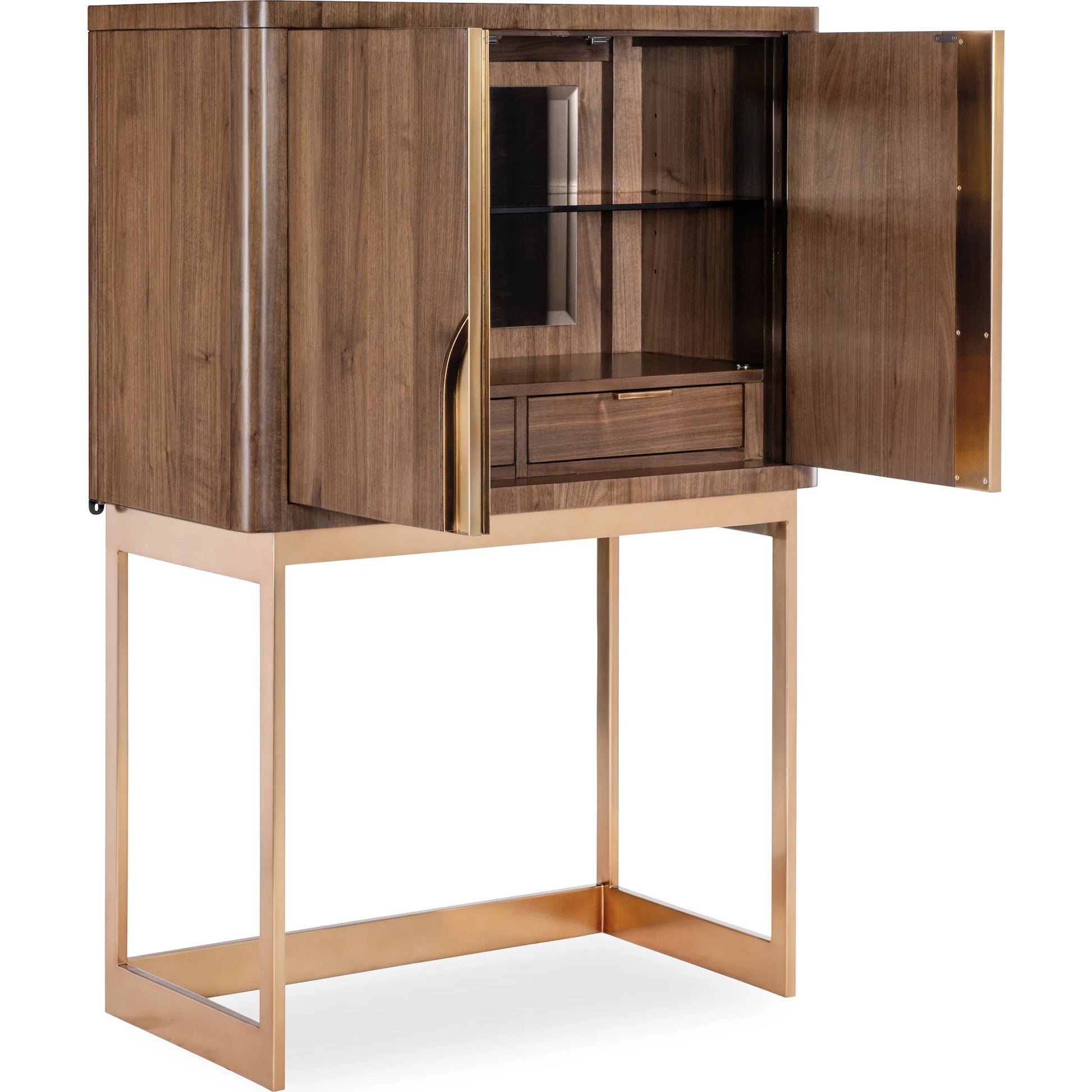 Eleana Bar on Stand by Hooker Furniture in light caramel, sunlit bronze metal. Made from walnut veneers, mirror, metal in a traditional style.