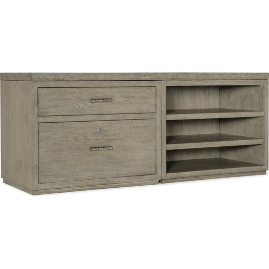 Linville Falls Credenza with Lateral File and Open by Hooker Furniture in mink, antique pewter. Made from oak veneers in a modern style.