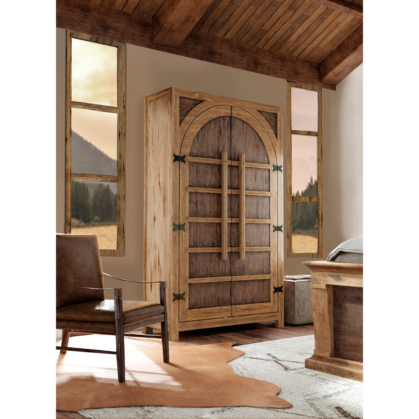 001 SI-1959541 | Lifestyle | Big Sky Wardrobe by Hooker Furniture in vintage natural. Made from pecky hickory veneers, nailheads, solid-wood edged top in a modern style.