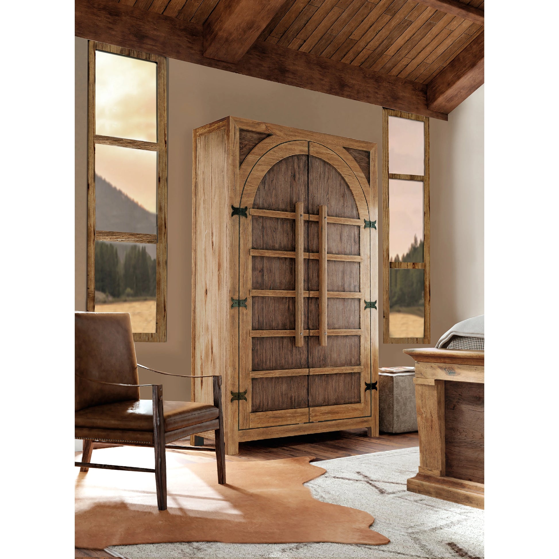 Big Sky Wardrobe by Hooker Furniture in vintage natural. Made from pecky hickory veneers, nailheads, solid-wood edged top in a modern style.