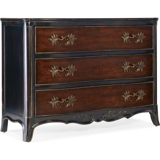 Charleston Three-Drawer Accent Chest by Hooker Furniture in black cherry, maraschino cherry. Made from cherry veneers, resin, solid-wood edge top in a traditional style.