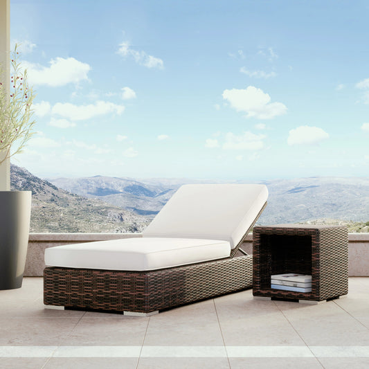 Montecito Outdoor Adjustable Chaise by Sunset West in cognac. Made from resin wicker in a modern style.