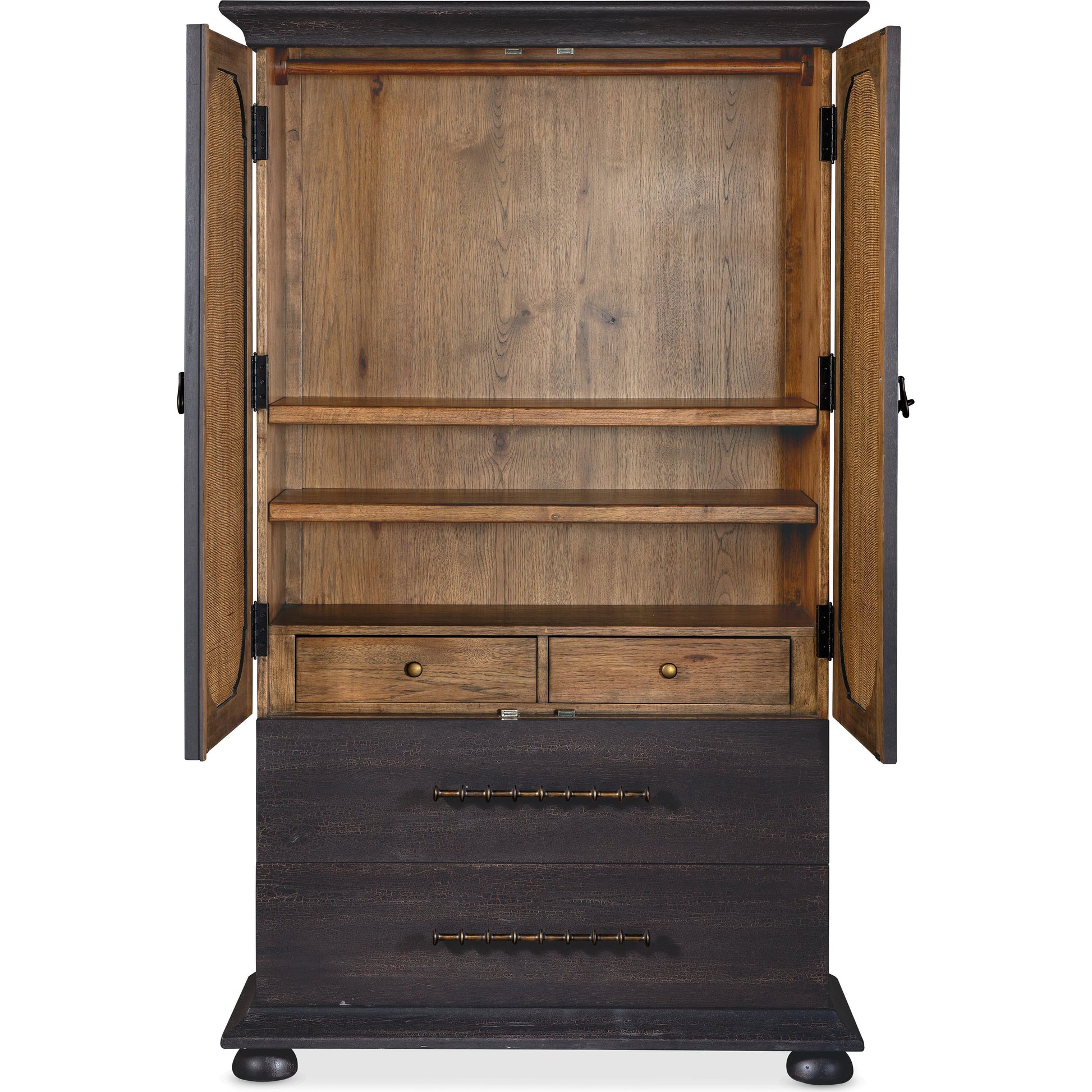 Big Sky Small Wardrobe by Hooker Furniture in charred timber. Made from pecky hickory veneers, burlap in a traditional style.