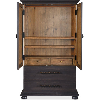 Big Sky Small Wardrobe by Hooker Furniture in charred timber. Made from pecky hickory veneers, burlap in a traditional style.