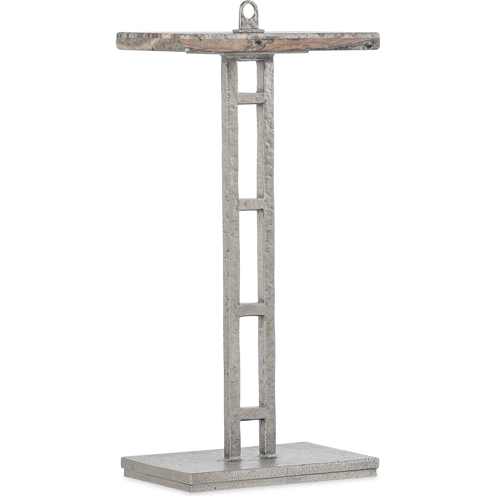 Chapman Drink Table by Hooker Furniture in pewter. Made from metal base with honed silver travertine stone top in a modern style.