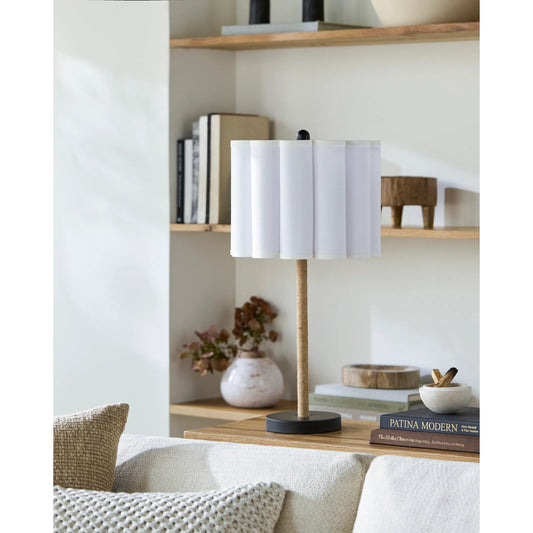 Dinnan Accent Table Lamp by Livabliss in beige, black and inlaid, painted. Made from paper, iron, linen in a unique style.
