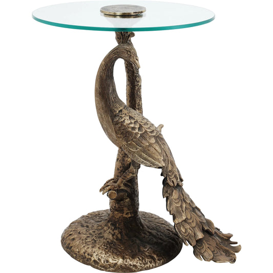 Paonne Accent Table by Currey and Company in antique gold, clear. Made from cast aluminum, glass in a rustic style.
