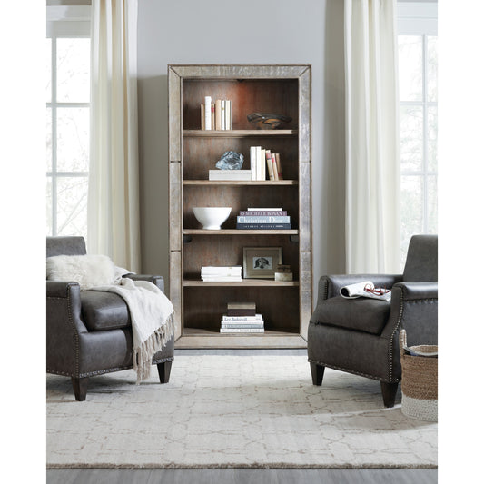 Rustic Glam Bookcase by Hooker Furniture in white oak. Made from quartered white oak veneers, glass in a transitional style.