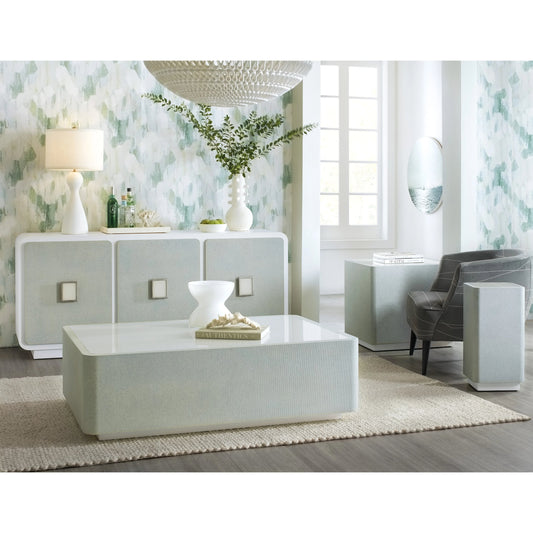 Melange Atlantis Accent Table by Hooker Furniture in cream, pale blue. Made from tempered glass, raffia in a modern style.