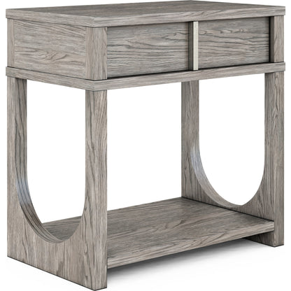 Vault Nightstand by A.R.T. Furniture in gray and mink. Made from parawood solids, white oak veneers in a modern style.
