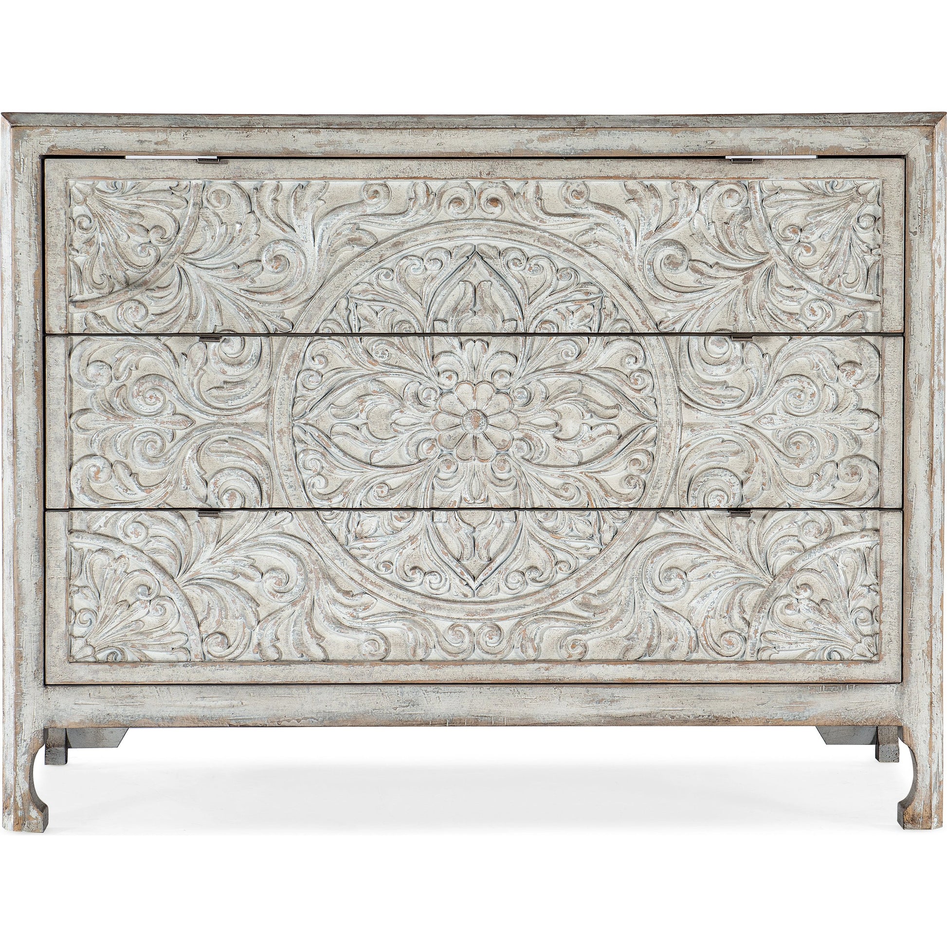 La Grange Lockhart Three-Drawer Accent Chest by Hooker Furniture in antique white. Made from pecan veneers in a transitional style.