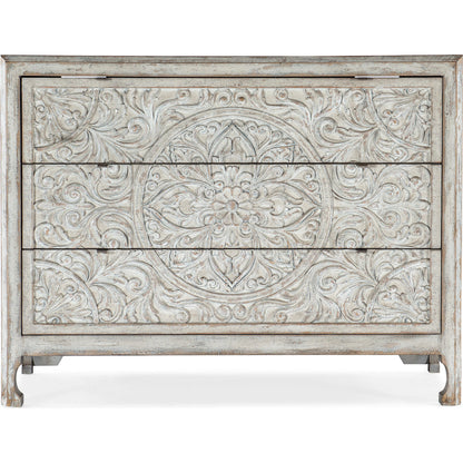 La Grange Lockhart Three-Drawer Accent Chest by Hooker Furniture in antique white. Made from pecan veneers in a transitional style.