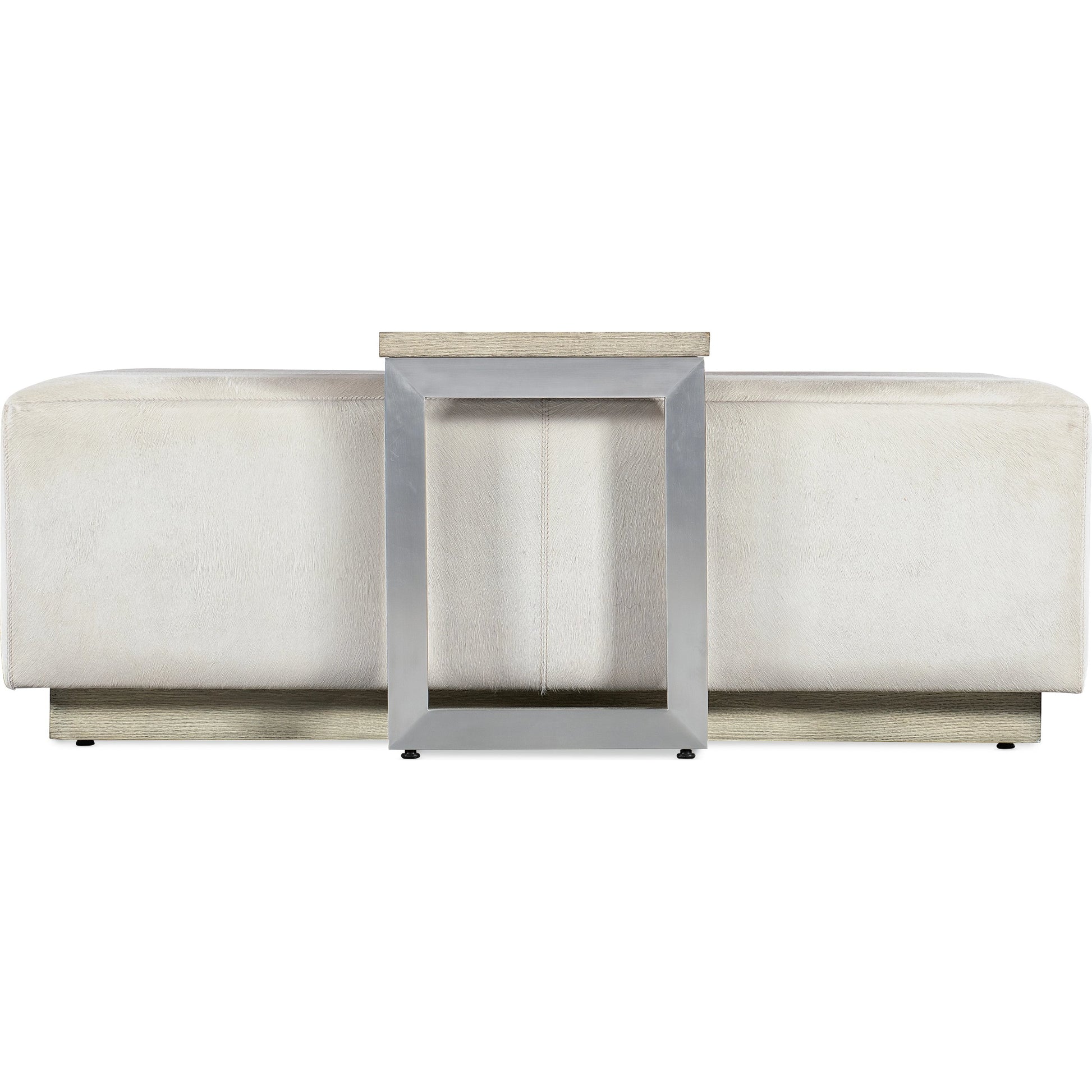 Melange Bridged Cocktail Table by Hooker Furniture in light wood. Made from hair on hide leather with metal, veneer in a modern style.