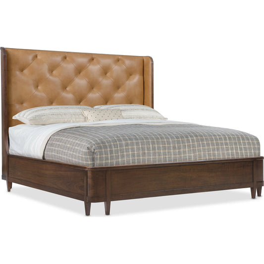 Archives Leather Bed by Hooker Furniture in dark blonde and classic walnut. Made from figured cathedral walnut veneers, leather in a unique style.
