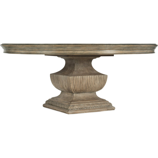 Castella Round Dining Table by Hooker Furniture in antique slate. Made from pecan, quartered hickory, quartered black walnut, quartered ash, maple veneers with resin in a traditional style.