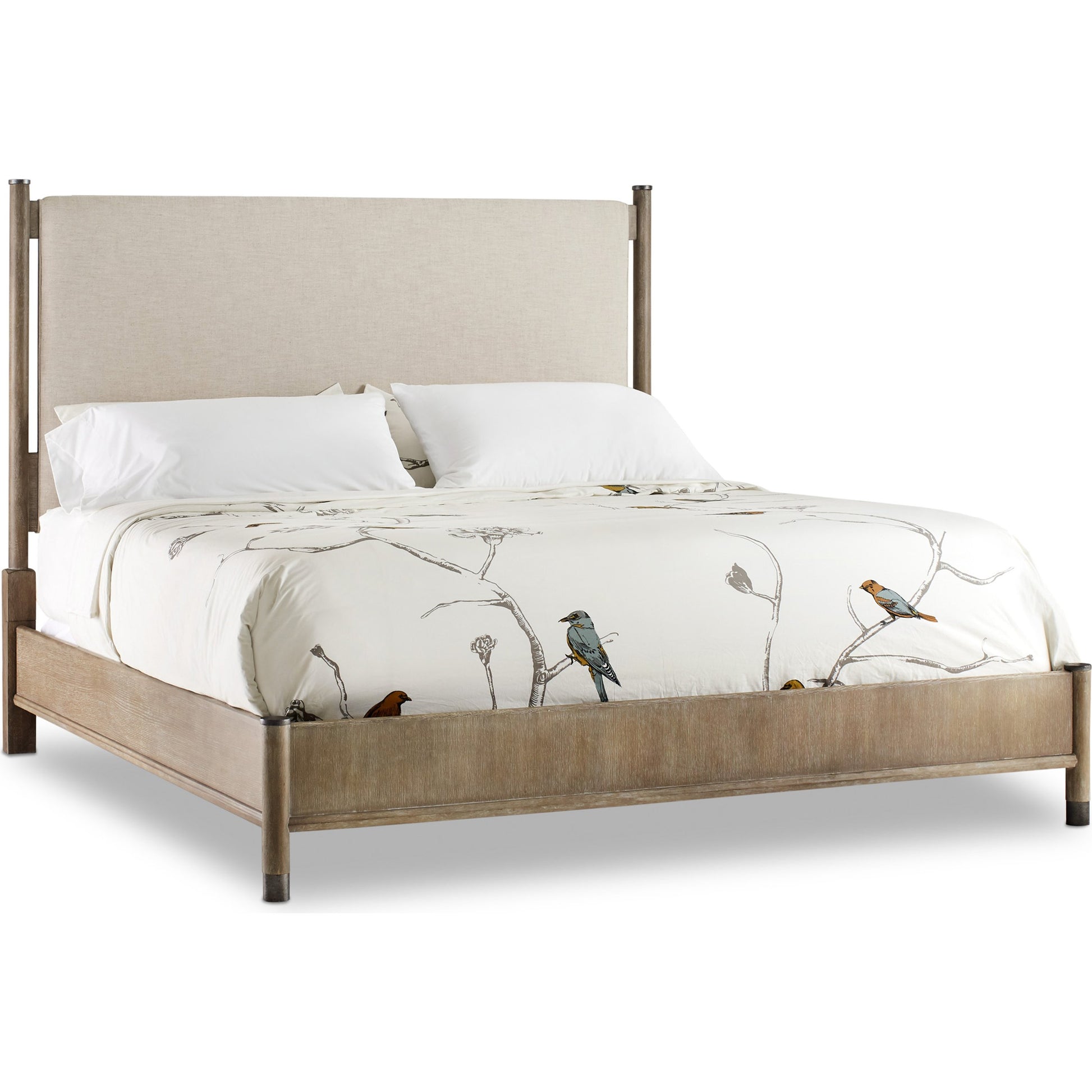 Affinity Bed by Hooker Furniture in beige and greige. Made from linen fabric in a coastal style.
