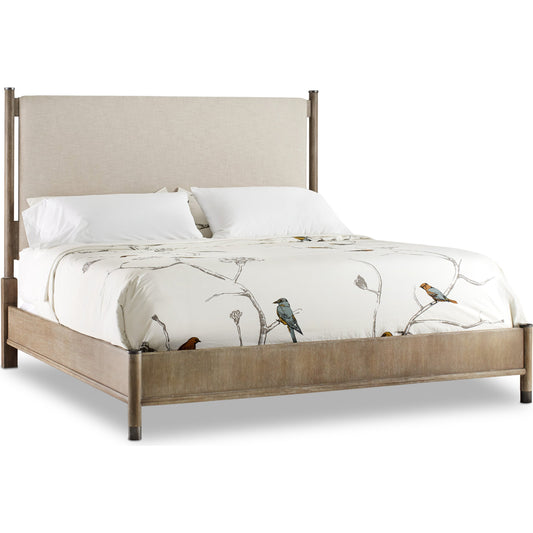 Affinity Bed by Hooker Furniture in beige and greige. Made from linen fabric in a coastal style.