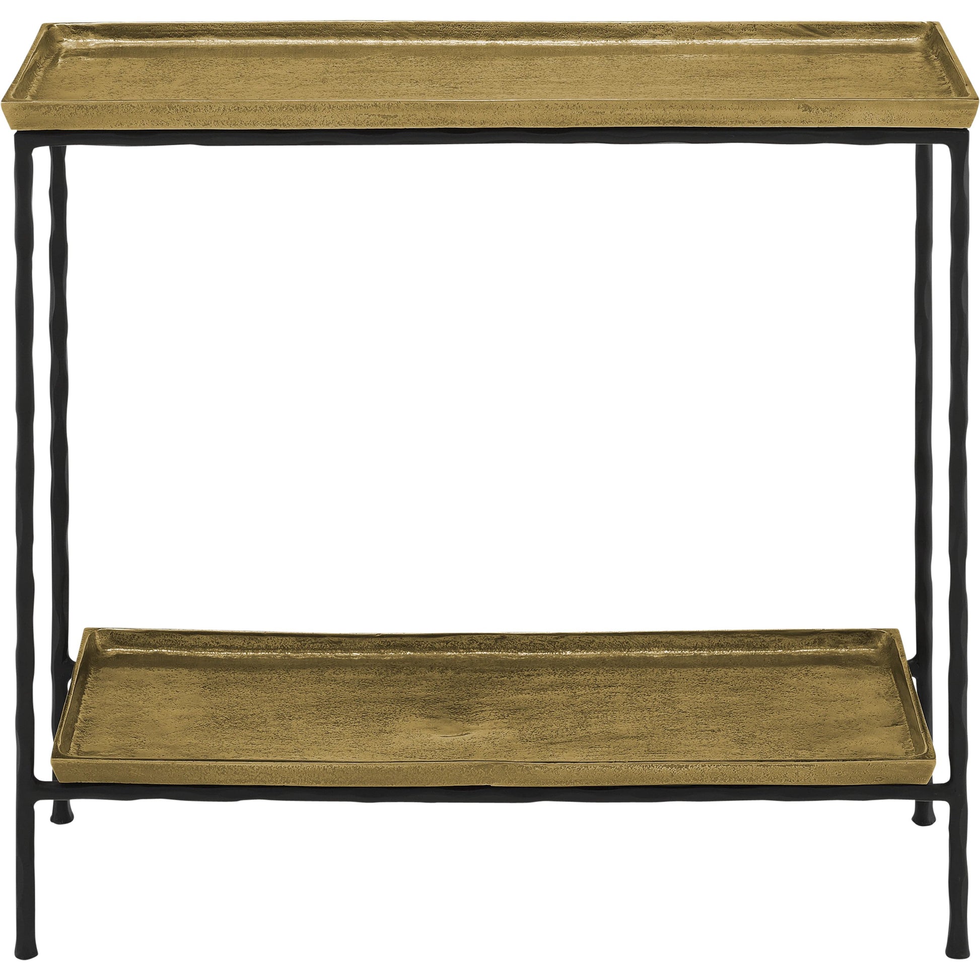 Boyles Brass Side Table by Currey and Company in antique brass, black. Made from cast aluminum, iron in a transitional style.