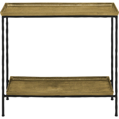 Boyles Brass Side Table by Currey and Company in antique brass, black. Made from cast aluminum, iron in a transitional style.