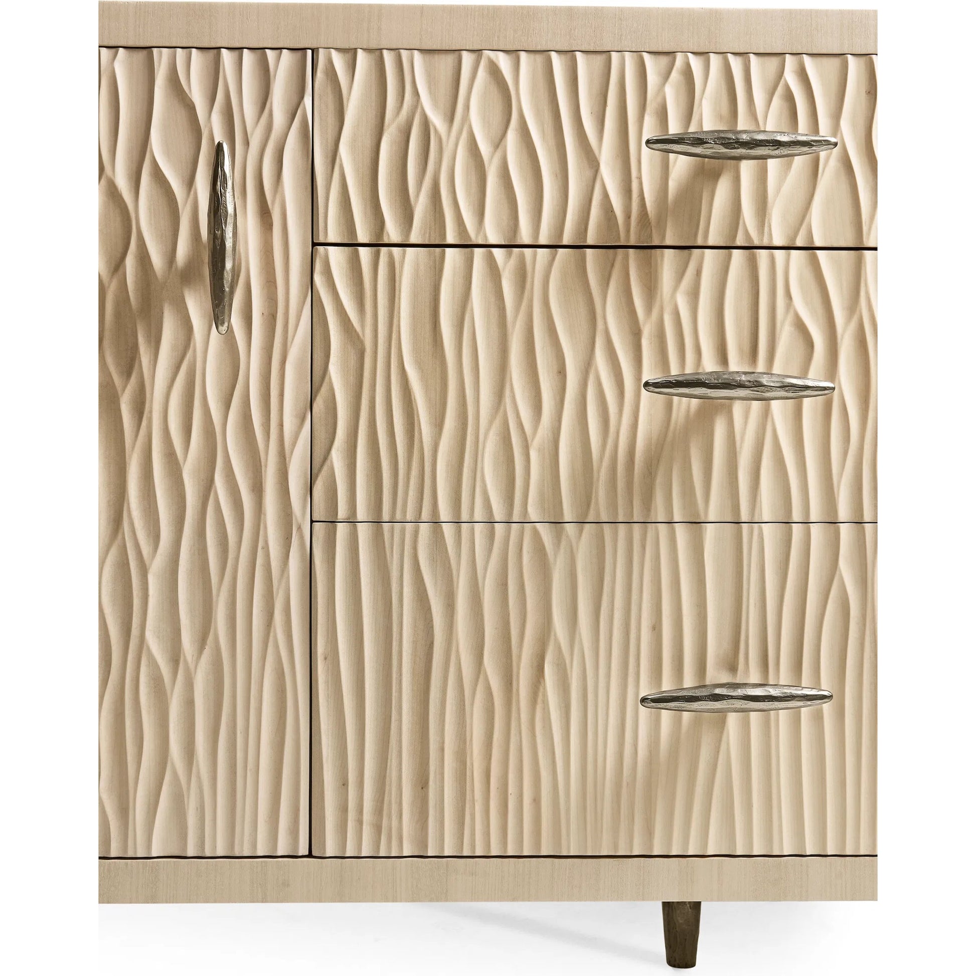 Water Breaker Mixed Media Credenza by Jonathan Charles in beige and ash blonde. Made from dyed koto veneer, bone, leather, metal in a transitional style.