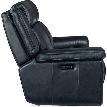 Montel Lay Flat Power Loveseat by Hooker Furniture in cosmos cobalt. Made from leather in a traditional style.
