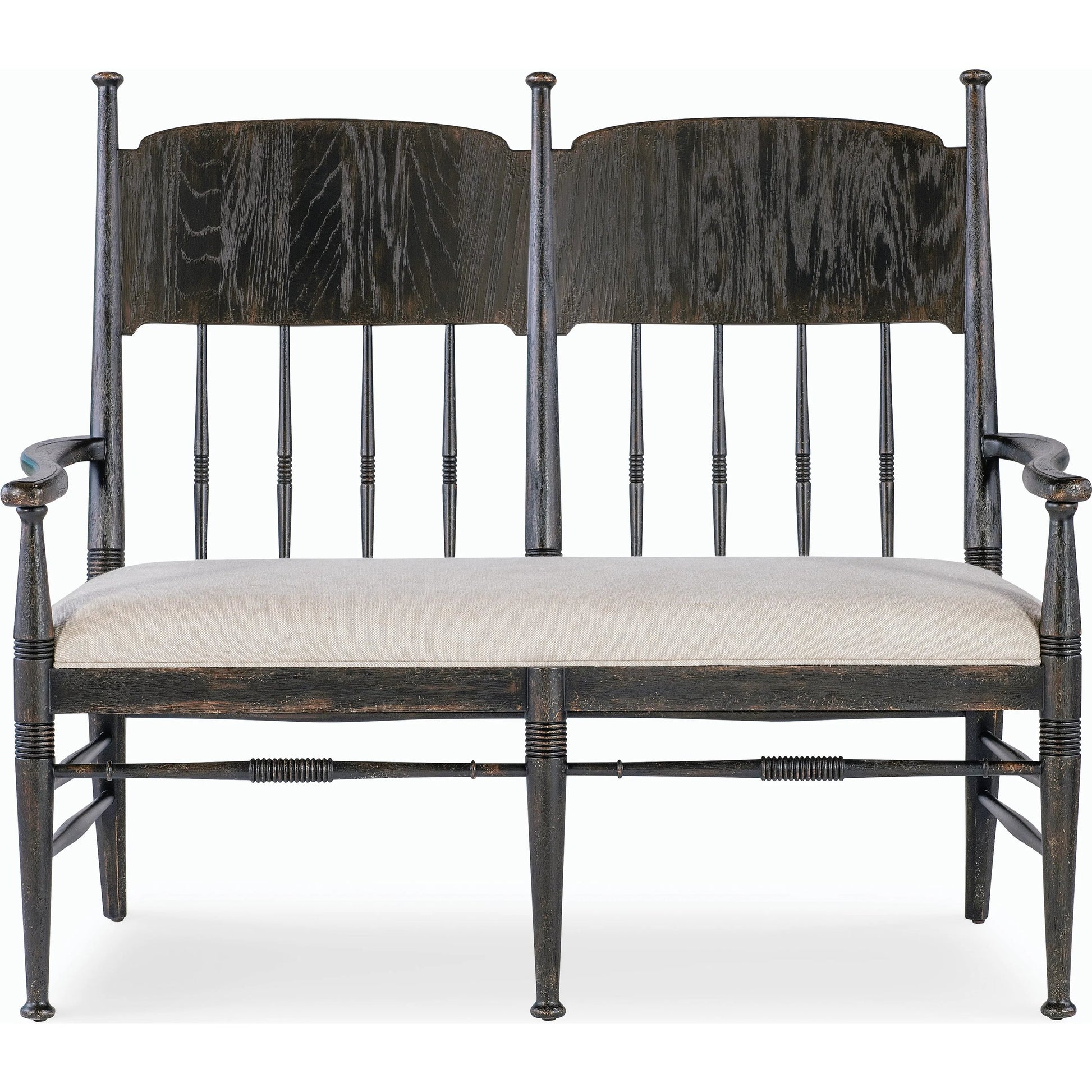 Americana Dining Bench by Hooker Furniture in beige. Made from oak veneers and fabric in a cottage & farmhouse style.
