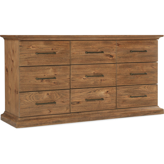 Big Sky Nine Drawer Dresser by Hooker Furniture in vintage natural. Made from pecky hickory veneers, cedar, solid-wood edged top in a modern style.