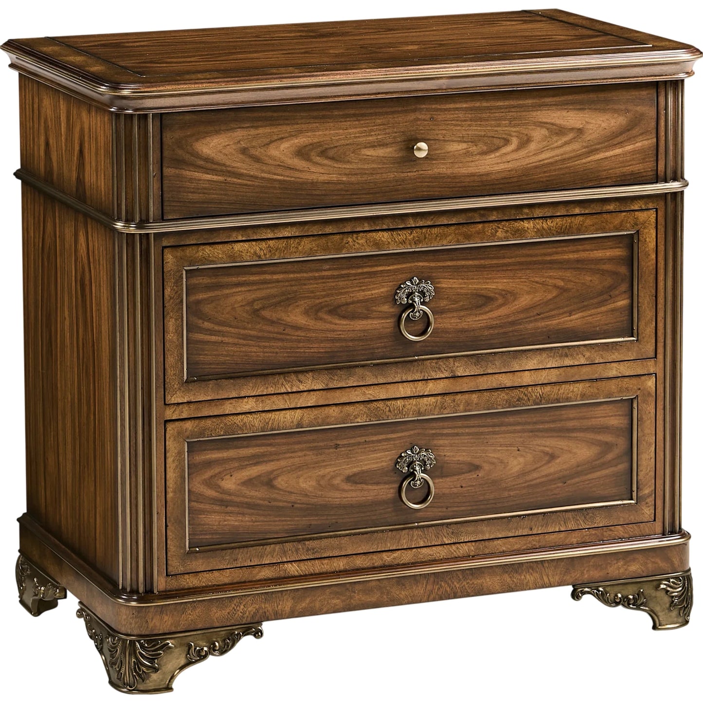 001 SI-2334506 | Primary Silo | Viceroy Bedside Chest by Jonathan Charles in brown and santos brown, antique brass. Made from mahogany, cerejeira veneers, santos rosewood crown veneers, brass in a traditional style.