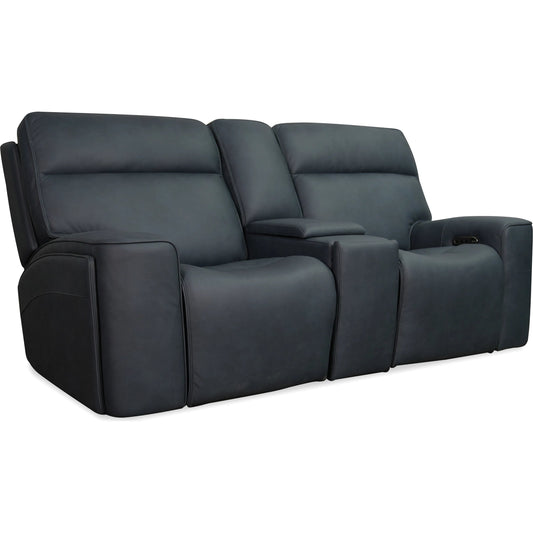 Riverton Power Gliding Console Loveseat with Power Headrest and Lumbar by Hooker Furniture in dante afterdusk. Made from leather in a traditional style.