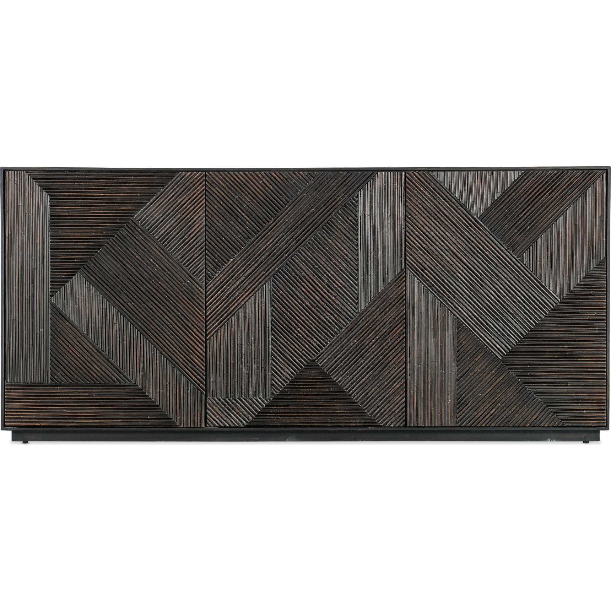 Black Retreat Entertainment Credenza by Hooker Furniture in black sand. Made from oak veneers, resin in a modern style.