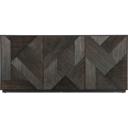 Black Retreat Entertainment Credenza by Hooker Furniture in black sand. Made from oak veneers, resin in a modern style.